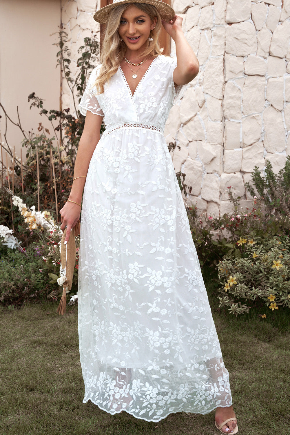 Embroidered Short Sleeve Surplice Neck Maxi Dress – Chic & Elegant