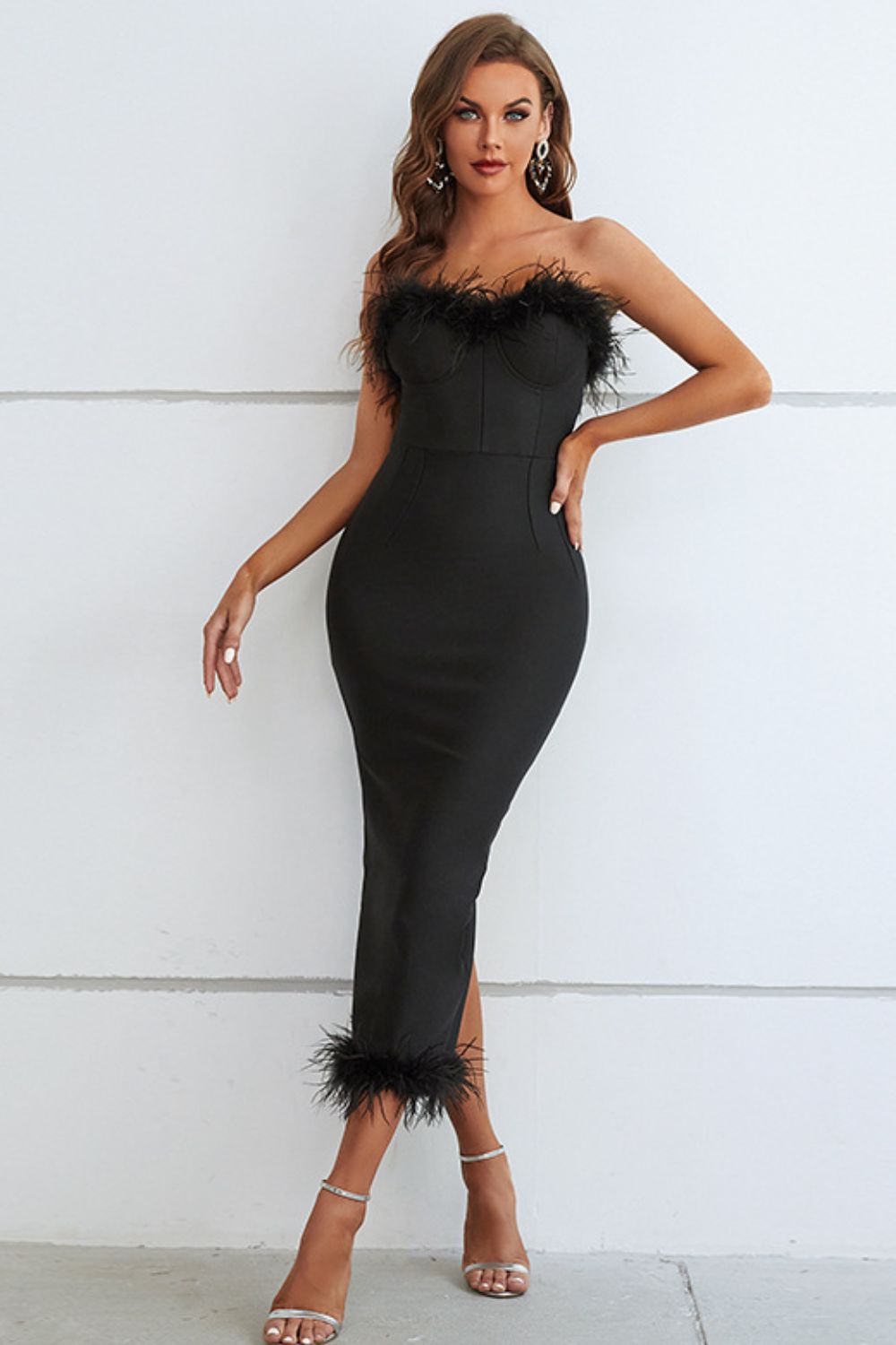 Feather Trim Strapless Sweetheart Neck Dress – Classy & Elegant Midi Dress