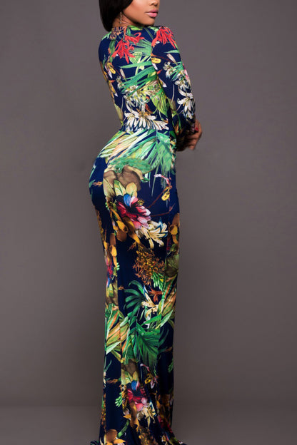 Floral Printed Plunge Neck Leg Split Maxi Dress – Effortless Elegance