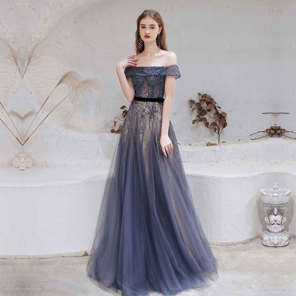 Dark Blue Off-Shoulder Beaded Evening Dress – Luxury Formal Prom Gown