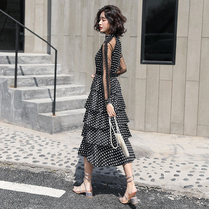 long-sleeved polka dot dress