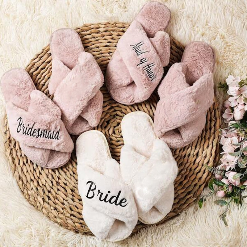 Bride, Bridesmaid, & Maid of Honor Fuzzy Slippers – Cozy Wedding Party Gift