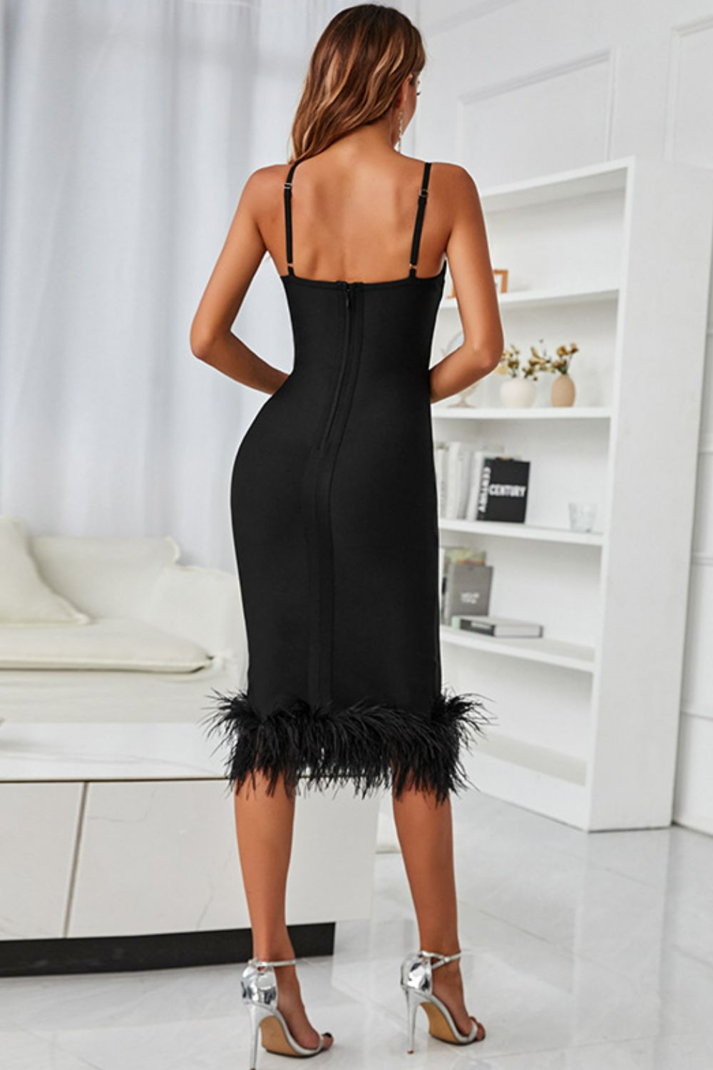 Chic Plunge Neck Feather Trim Bodycon Dress