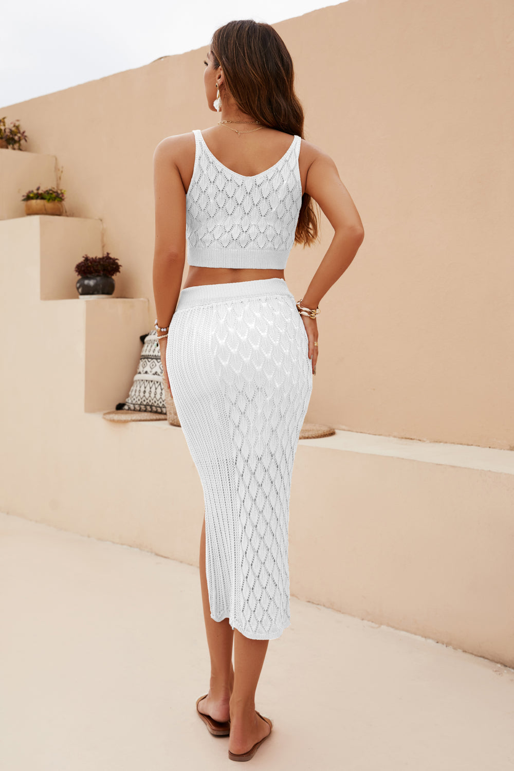 Openwork Cropped Tank and Split Skirt Set – Chic Two-Piece Ensemble