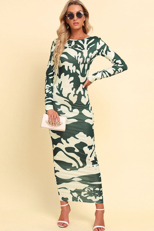 Vibrant Print Backless Long Sleeve Maxi Dress – Effortlessly Chic