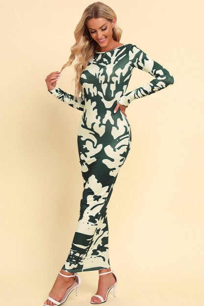 Vibrant Print Backless Long Sleeve Maxi Dress – Effortlessly Chic