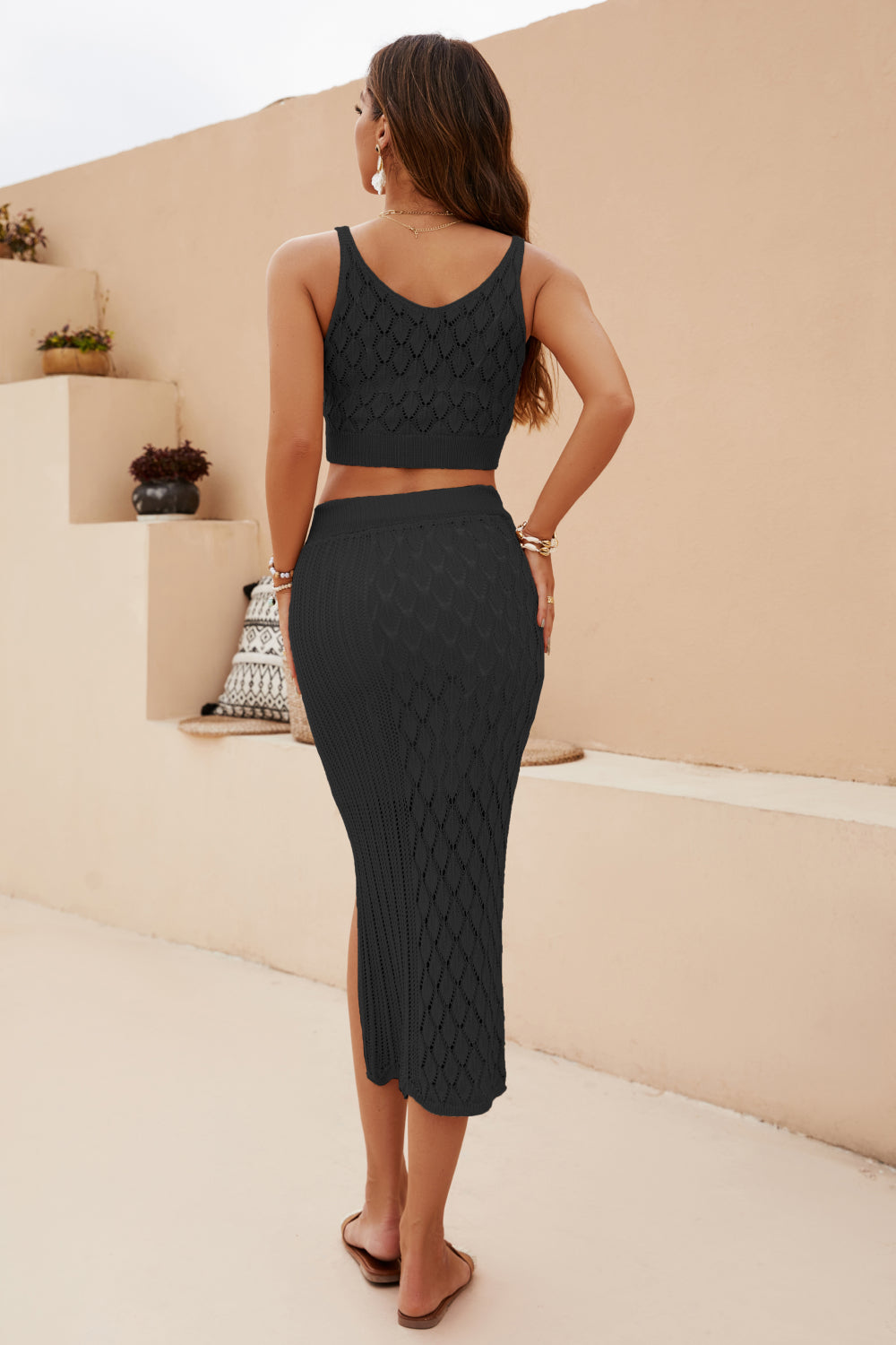 Openwork Cropped Tank and Split Skirt Set – Chic Two-Piece Ensemble